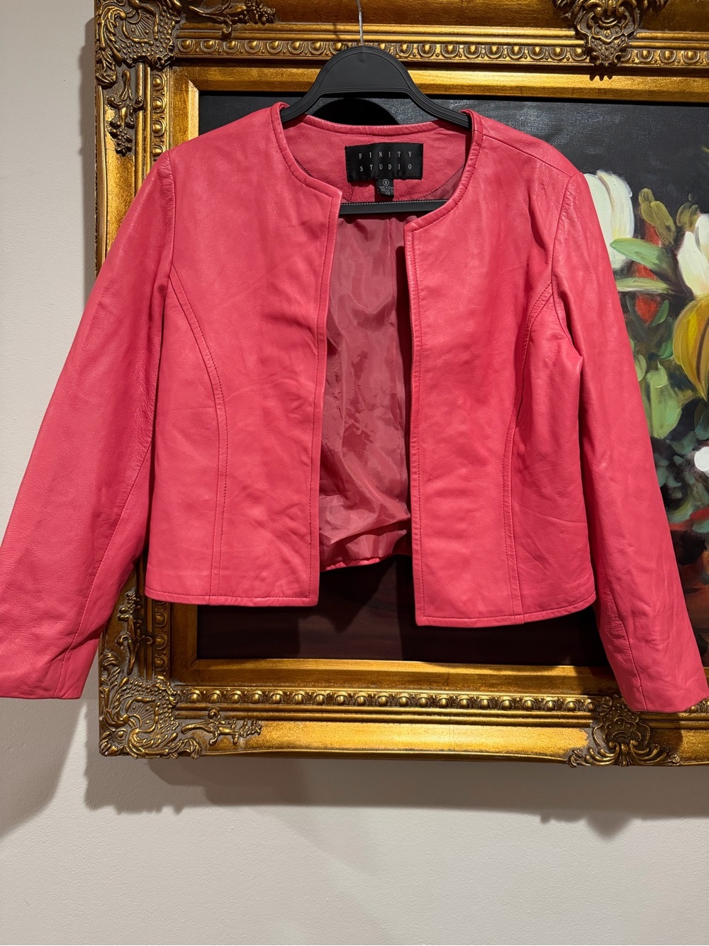 Finity Pink Leather Collarless Crop Jacket